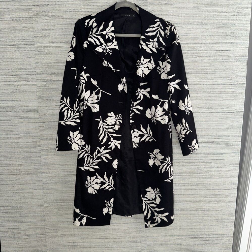 Vintage Black White Floral Trench Coat Size 10 Lightweight Stunning